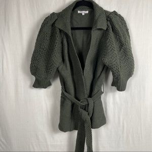Vertigo Paris Wool Blend Olive Puff Half Sleeve Sash Waist Wrap Cardigan